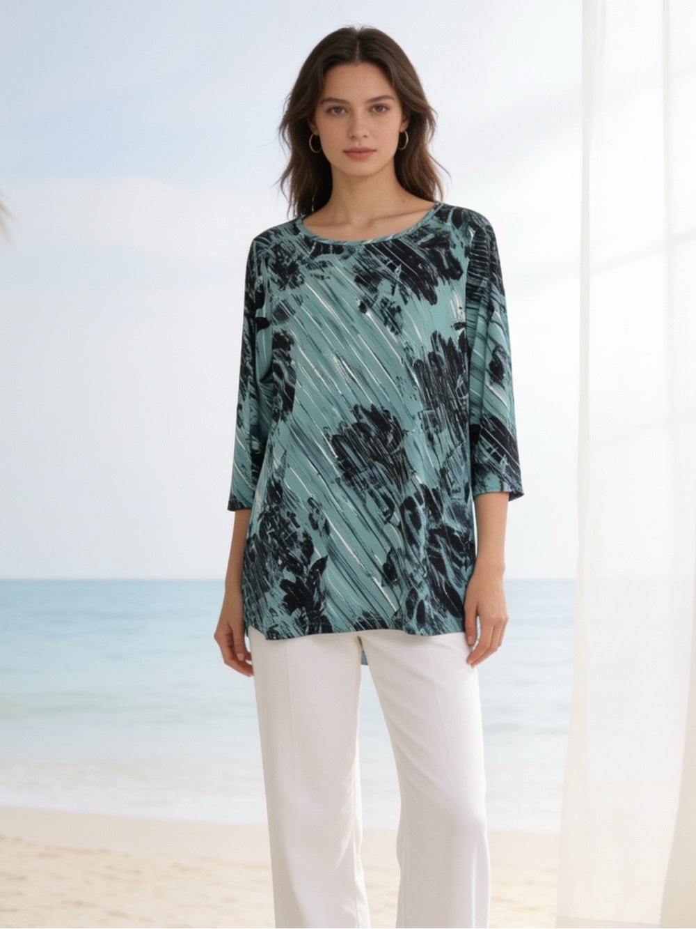 Christopher & Banks Aqua Blue Abstract Print 3/4 Sleeve Tunic Top Medium